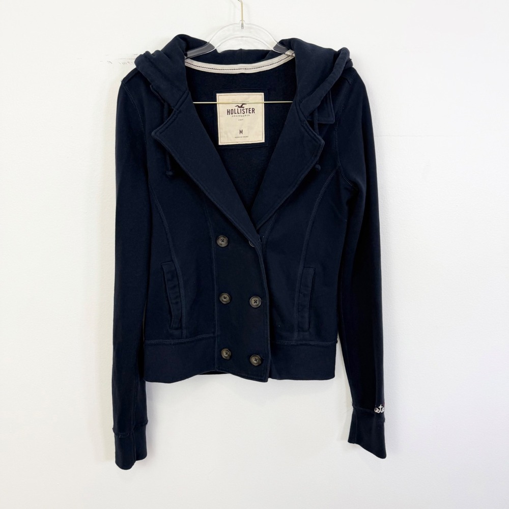 Vintage 2000s Hollister Navy Double Breasted Hooded Sweatshirt Jacket M
